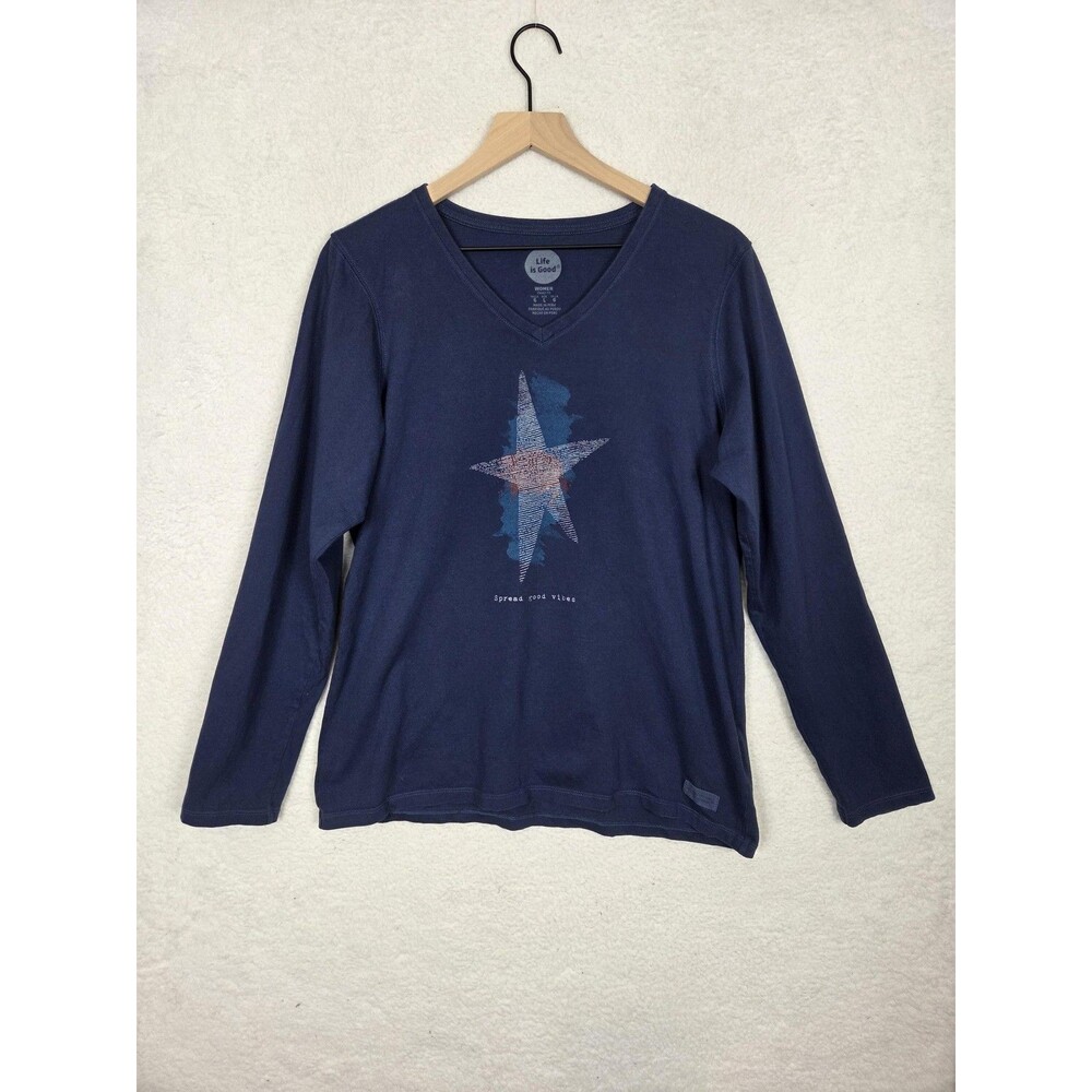 Life Is Good Shirt Womens L Blue V‎ Neck LS Spread Good Vibes Graphic Star Tee